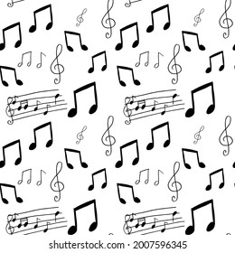 A pattern of musical symbols. Music notes, treble clef, musical symbols. For music.