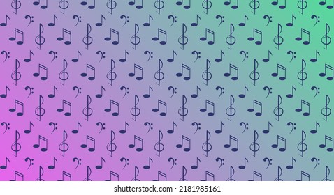 A pattern of musical symbols on a purple green gradient background