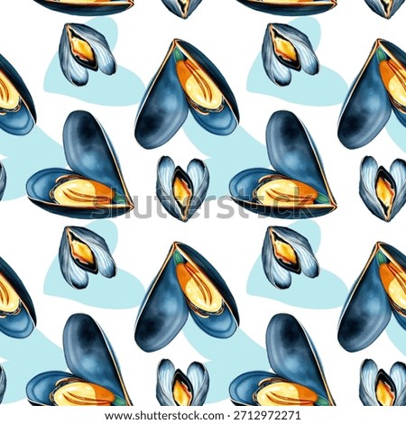 Pattern with mussels, shells, sea, in watercolor style, hand drawn, isolated on white background, vector