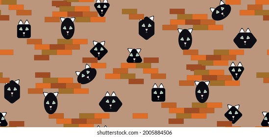 
The pattern of the muzzle of a black and white cat with green eyes peeking out from behind the bricks
