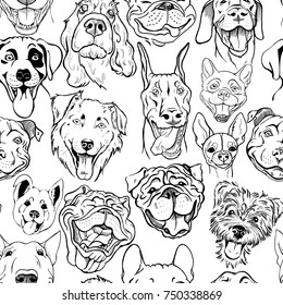 Pattern with muzzles of dogs of different breeds, black and white seamless graphic vector illustration