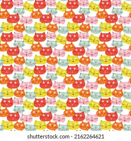 Pattern with muzzles of kittens. Vector animal illustration isolated on white background. For packaging, baby products, prints and clothing, flyers and brochures, various designs.