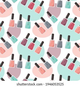Pattern with nail polish and abstract spots. Multi-colored bottles of nail polish. Vector illustration for use in packaging, decoration, brochures and flyers, fabrics and salons.