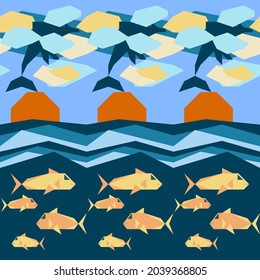 Pattern Name: "sea and marine life" The pattern is made up of geometric figures. Both square and triangle were blended out into a modern-looking native pattern. 