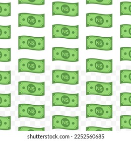 Patrón de billetes en dólares namibianos sobre fondo transparente con mini doodle (icono) y color verde. Ilustración vectorial