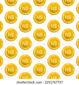 Pattern of Namibian Dollar currency on transparent background with mini doodle (icons) and gold color. Vector Illustration