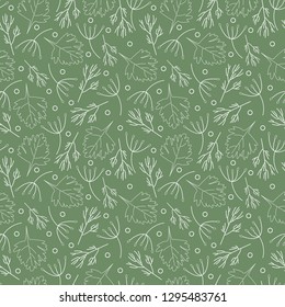 Pattern with natural green background, dill and parsley elements