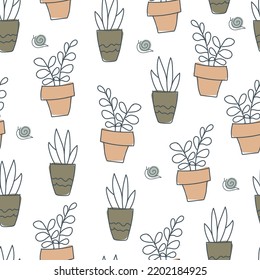 Pattern from natural materials. Print in pastel colors from various plants. Free hand. Seamless pattern. Vector illustration.