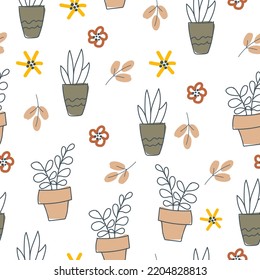 Pattern from natural materials. Print in pastel colors from various plants. Free hand. Seamless pattern. Vector illustration.