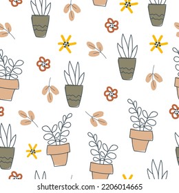 Pattern from natural materials. Print in pastel colors from various plants. Free hand. Seamless pattern. Vector illustration.