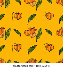 Pattern with natural materials. Seamless colors of physalis orange on an orange background.