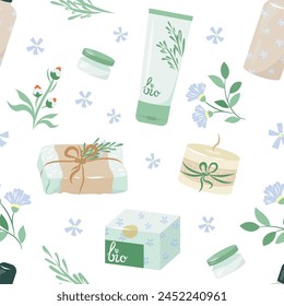 Pattern with natural wood bottles, jars, paper tubes and flowers for eco friendly living. Spring blue wildflowers and organic vegan cosmetics blooming background. Delicate seamless textile design