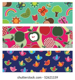 pattern nature banners with apples, birds and butterflies