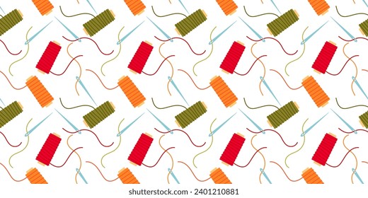Pattern of needle with thread. Seamless pattern with different color threads on white background. Endless repeating pattern with sewing tool 
