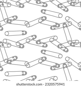 A pattern of needlework elements in the form of metal pins on a white background. Gray closed decorative pins, needles, seamstress, hobby, decoration. Hobby. Printing on textiles and paper