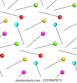 A pattern of needlework elements in the form of needles with colored beads on a white background. Fitting with decorative pins, needles, beads, beads of bright colors. Printing on textiles and paper