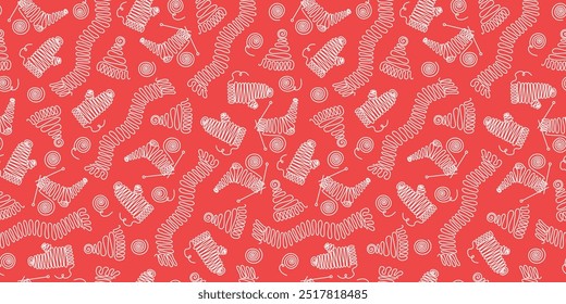 Pattern needlework line art, drawing. Knitting, clothes. Threads, knitting needles. Skeins of wool. Knitted hat, socks, mittens. Vector seamless background.