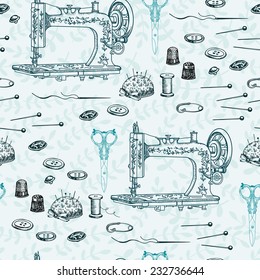 Pattern with needlework objects. Hand drawing. Seamless for fabric design, gift wrapping paper and printing and web projects.