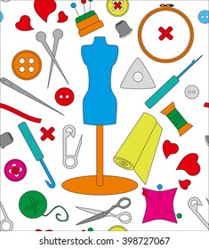 Pattern needlework, seamless structure, a graphic sample, objects for an embroidery, a vector illustration, fabric with a pattern, a sewing set, a dummy for clothes, design in amateur style, 