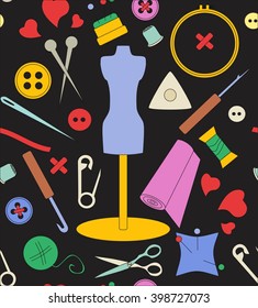 Pattern needlework, seamless structure, a graphic sample, objects for an embroidery, a vector illustration, fabric with a pattern, a sewing set, a dummy for clothes, design in amateur style, 