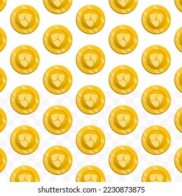 Pattern of Nem coins on transparent background with mini doodle (icons) and gold color. Vector Illustration