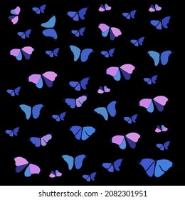 Pattern with neon butterflies on a black background. Suitable for curtains, wallpaper, fabrics, wrapping paper. flat hand drawn vector illustration