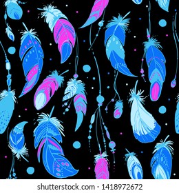 Pattern neon feathers and beads. Native american indian dream catcher, traditional symbol. Feathers and beads on black background. Vector decorative elements hippie.