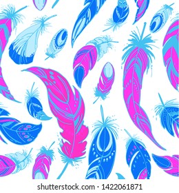 Pattern neon feathers and beads. Native american indian dream catcher, traditional symbol. Feathers and beads on white background. Vector decorative elements hippie.