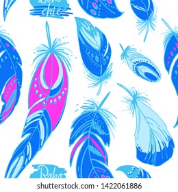 Pattern neon feathers and beads. Native american indian dream catcher, traditional symbol. Feathers and beads on white background. Vector decorative elements hippie.