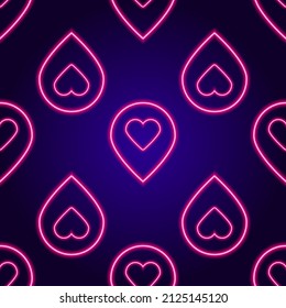 a pattern of neon location signs in pink with a round heart. seamless pattern Isolated element glow-in-the-dark pointers on a pink line card with a heart inside for a dating site design template