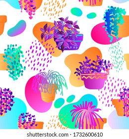 Pattern neon tropical plants and flowers in pots. Vector color sketch on a white background. Ultraviolet pink, blue, turquoise. 