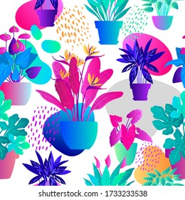 Muster neontropische Pflanzen und Blumen in Töpfen. Vector Farbskizze auf einem weißen Hintergrund. Ultraviolett rosa, blau, türkis. 