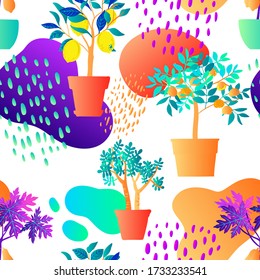 Pattern neon tropical plants and flowers in pots. Vector color sketch on a white background. Ultraviolet pink, blue, turquoise. 