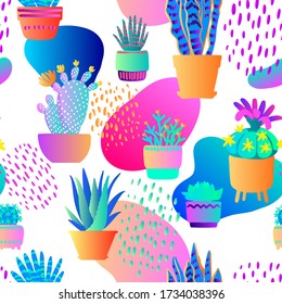 Pattern neon tropical plants and flowers in pots. Vector color sketch on a white background. Ultraviolet pink, blue, turquoise. 