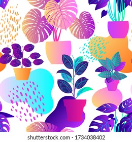 Patrón de plantas tropicales de neón y flores en macetas. Esbozo de color vectorial en un fondo blanco. Rosa ultravioleta, azul, turquesa. 