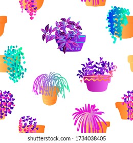 Pattern Neon Tropical Plants And Flowers In Pots. Vector Color Sketch On A White Background. Ultraviolet Pink, Blue, Turquoise. 