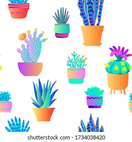 Pattern Neon Tropical Plants And Flowers In Pots. Vector Color Sketch On A White Background. Ultraviolet Pink, Blue, Turquoise. 