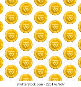 Patrón de moneda de rupia nepalesa sobre fondo transparente con mini doodle (iconos) y color dorado. Ilustración vectorial