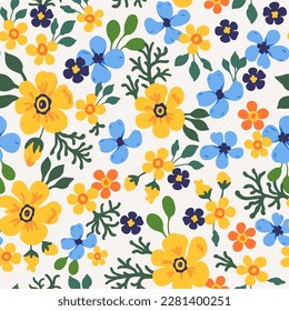 A pattern of neutral beige, blue, purple and yellow flowers with green leaves on a white background. Seamless floral vector repeating pattern.