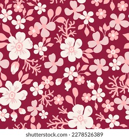 A pattern of neutral pink and beige flowers with leaves on a burgundy background. Seamless floral vector repeating pattern.