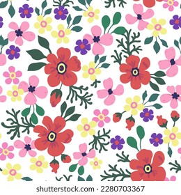 A pattern of neutral red, light yellow, pink and purple flowers with green leaves on a white background. Seamless floral vector repeating pattern.