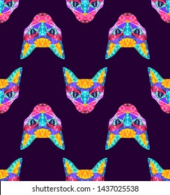 Pattern of New neon retrowave vaporwave synthwave cat, colorful 80s - 90s low poly design. Animal portrait postmodernism card artwork in night landscape.