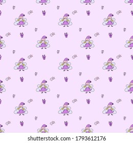 pattern new year 2021. new year magic pattern on pink background with fairy girl, christmas star and gifts. New Year and Christmas decoration and design, packaging and printing. Vector 