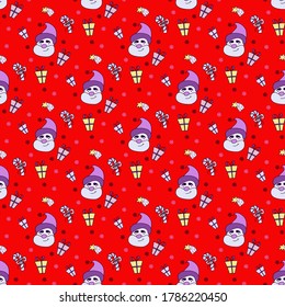 nuevo año 2021. patrón impecable Con Santa Claus, Estrella de Navidad y regalos con fondo rojo. Decoración y diseño de Año Nuevo y Navidad, envasado e impresión. Vector 