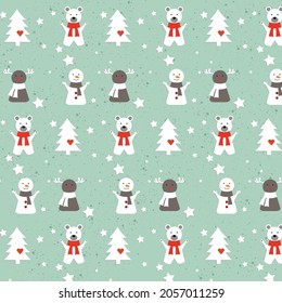 pattern new year christmas. deer, snowman, christmas tree and white bear. postcard, poster, fabric print and typographic print