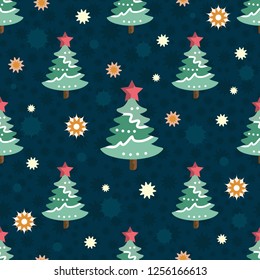 Pattern for New year and Christmas with green firs and red stars, snowflakes on dark background. For textiles, background, Wallpaper, wrapping paper, background, postcards.