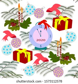 Pattern of New Year and Christmas items. Christmas trees, clocks, candles and balls in a Christmas pattern.