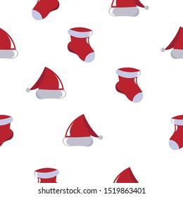 Pattern for new year and Christmas. Santa Claus accessories, hat and sock for gifts.