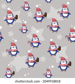 Pattern new year christmas winter penguin candy stars won children's vector.Cute pattern.
