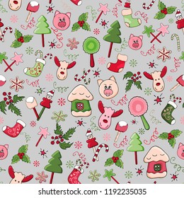 Pattern of New Year elements. Sweets, gingerbread, fir-trees, piglets, mistletoe, lollipops. Christmas.